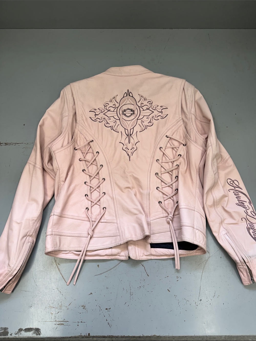 Harley-Davidson Light Pink Moto Lace-Up Leather Jacket with Embroidered Back